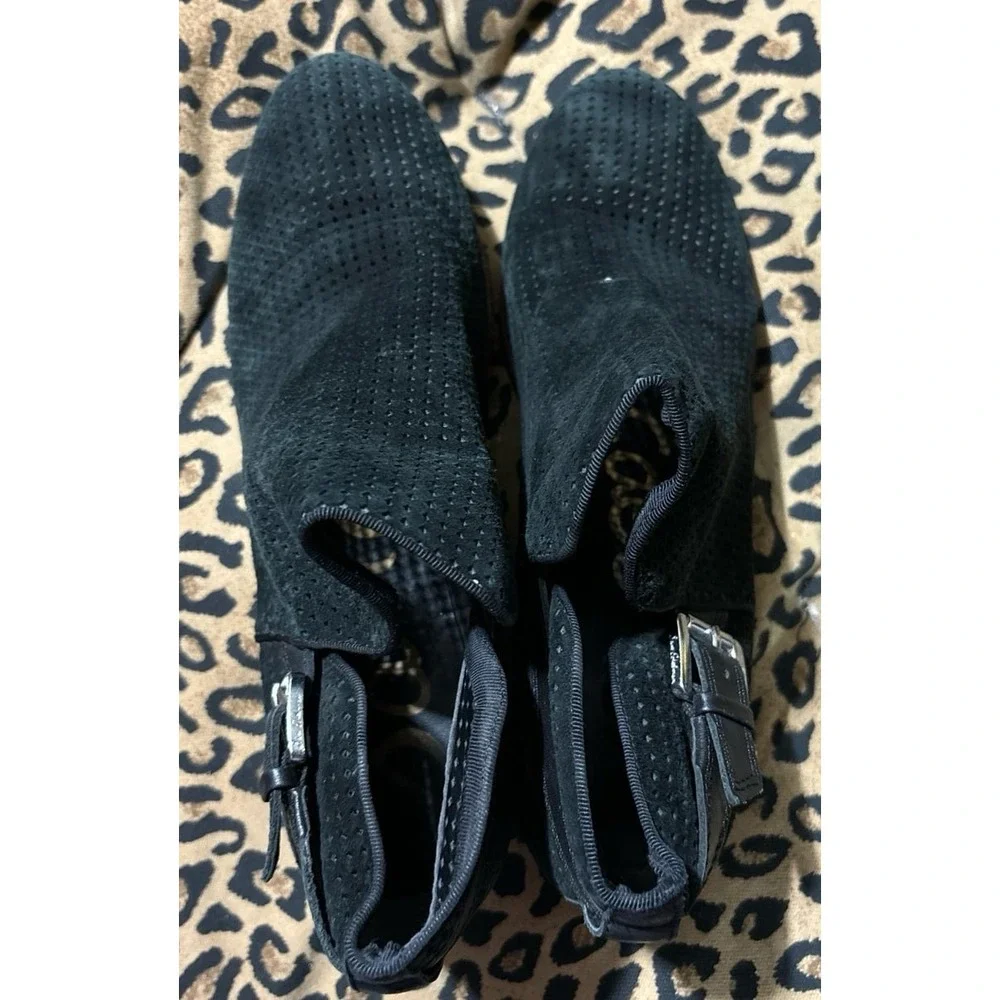 Sam‎ Edelman Paula Black Perforated Suede Low Heel Ankle Booties, 8.5